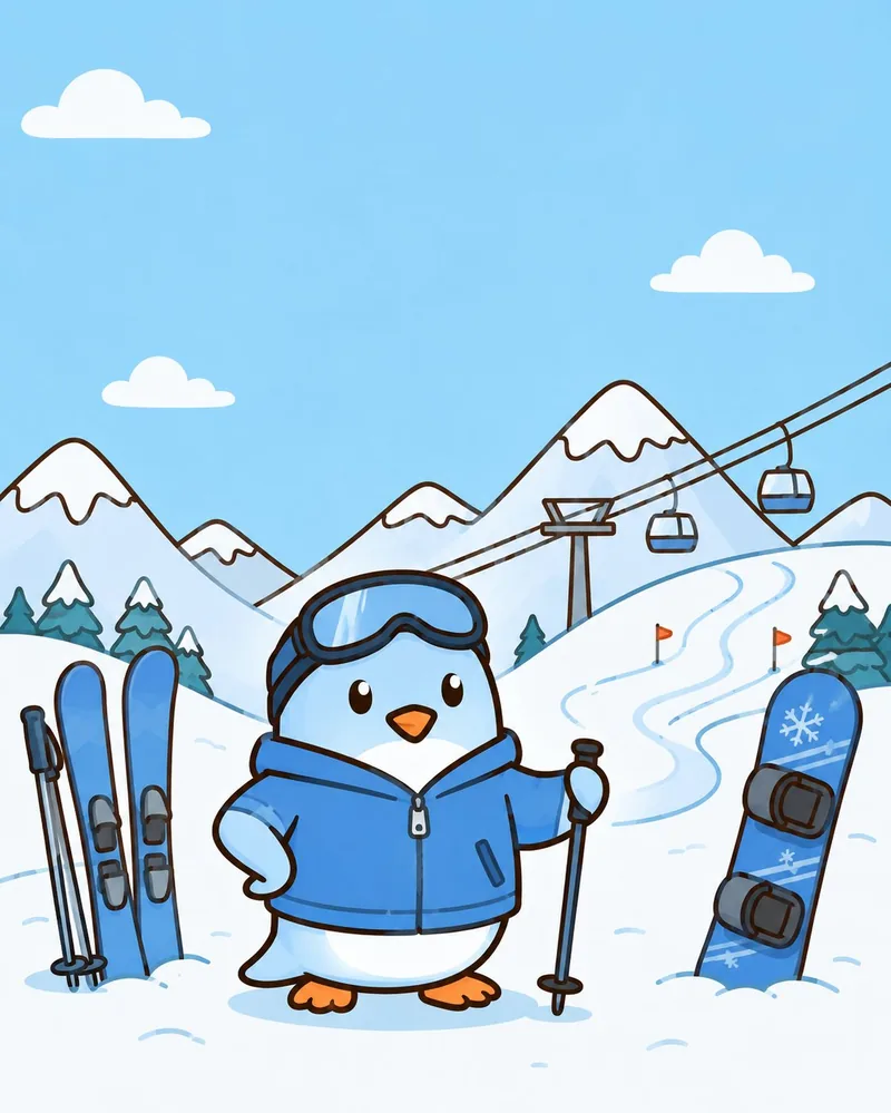 SnowGame 雪場吉祥物：穿著藍色雪外套、戴著雪鏡的可愛企鵝，背景是雪山與纜車